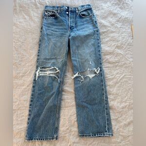 REDONE Originals Low Slung Crop Original Rigid Distressed Button Fly Blue Sz 26